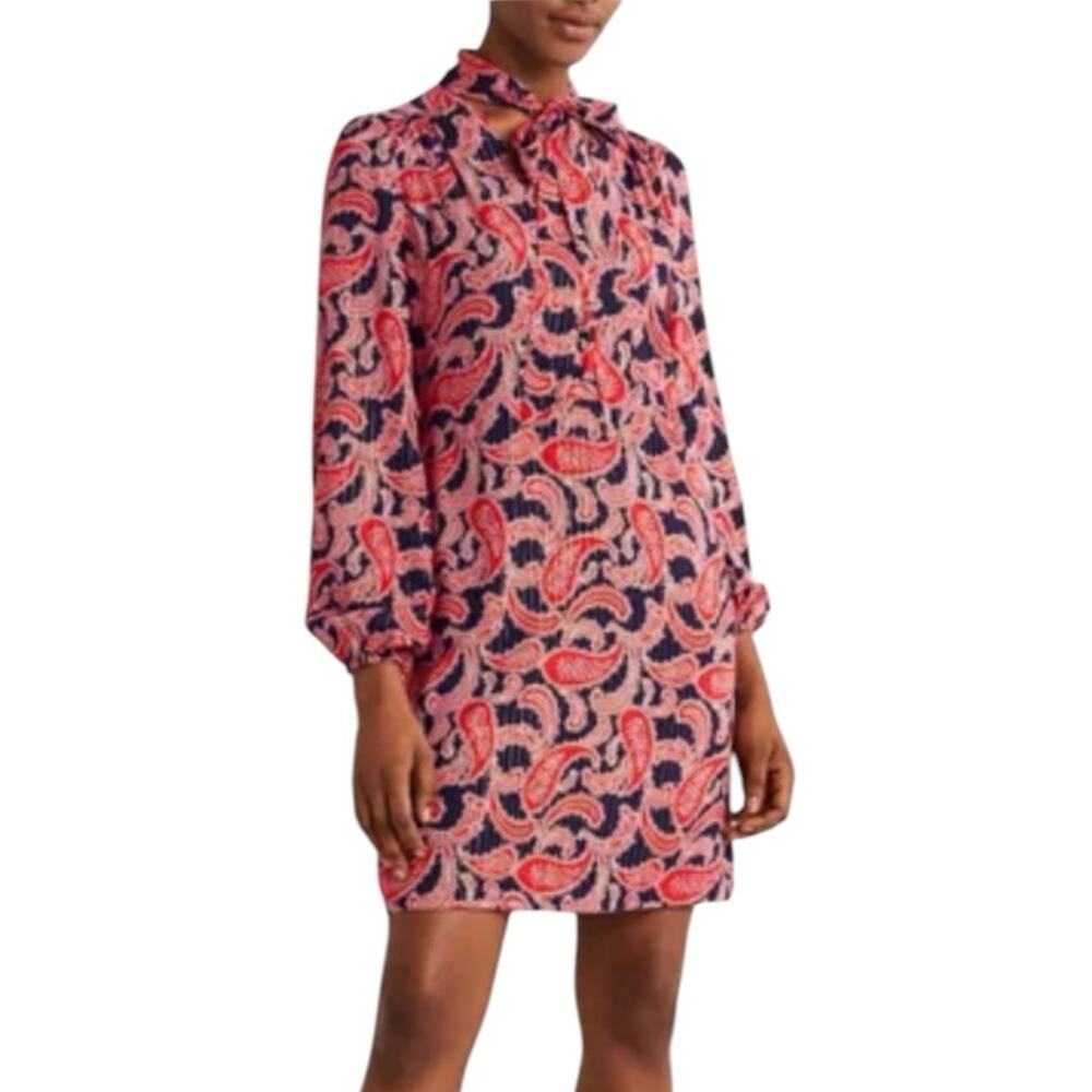 Boden New Dress Shift Tie Neck Long Sleeves Red Blue Paisley Women’s Size 10